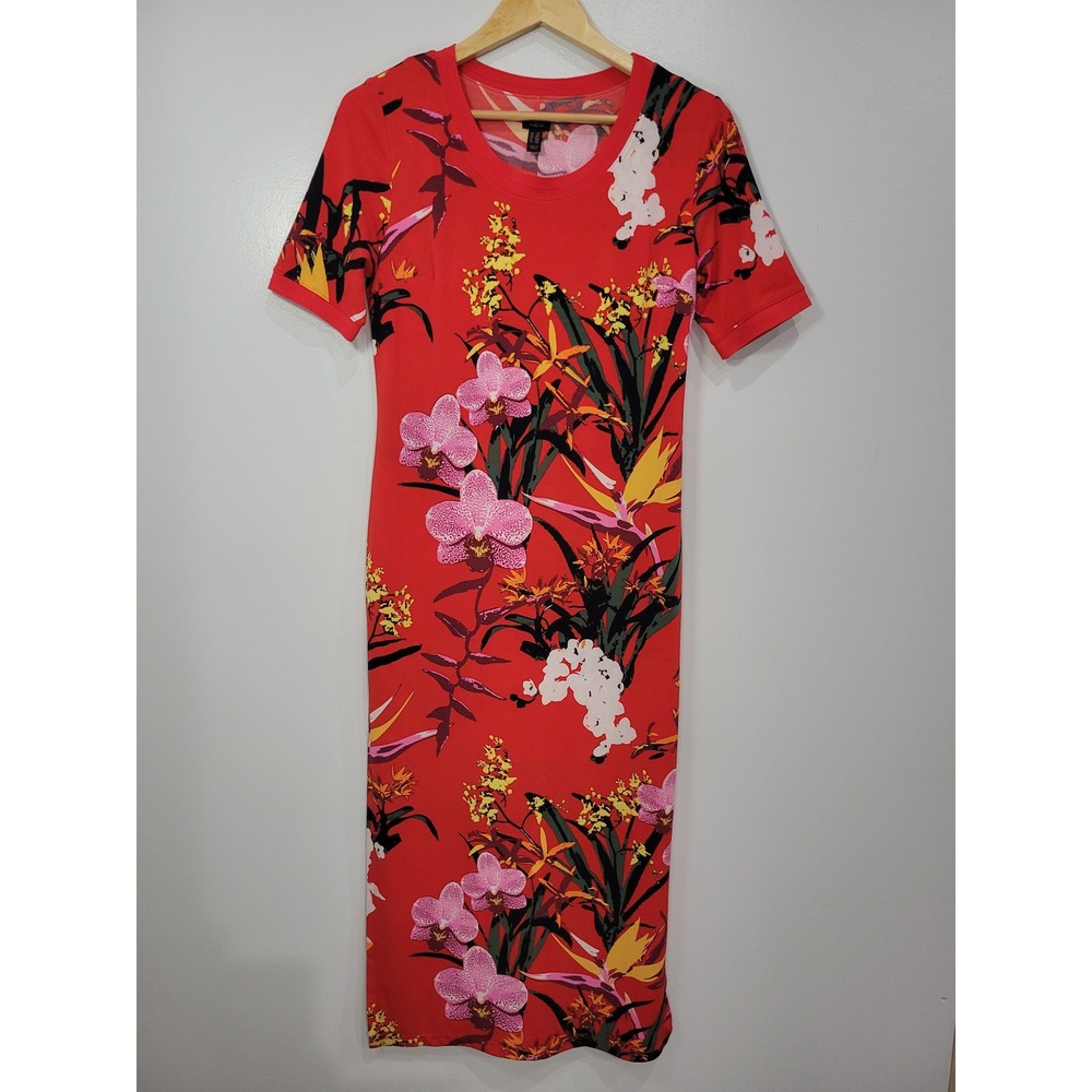 G.I.L.I. Red Tropical Floral Maxi Dress Side Slits Layered‎ Short Underneath SP